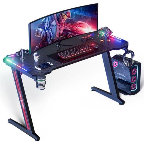 Gaming Tisch led, 140 x 60 cm großer Gaming-Schreibtisch mit Karbonfaserplatte, ergonomischer Computertisch mit Mauspad, Getränkehalter und