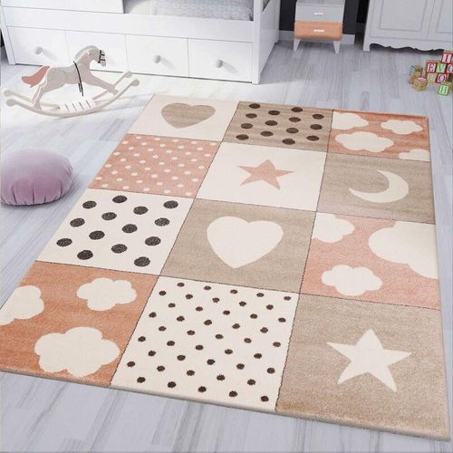 Kinderteppich Babyteppich Patchwork Wolke Herz Sterne Mond Dots Kinderteppich für Mädchen und Jungs Teppich für Kinderzimmer Farbe: Rosa Beige Braun