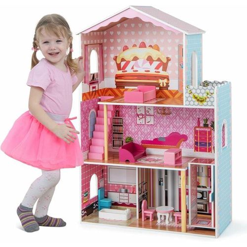 GOPLUS Puppenhaus Holz, 3-Ebene Traumhaus mit Aufzug, 5 Zimmer & Süßes Möbelset, Puppenstube Spielhaus mit einzigartiges Dach, luftige Fenster &