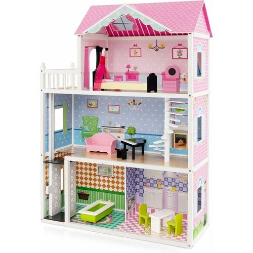 GOPLUS Puppenhaus aus Holz, Puppenstube Kinderspielhaus mit 5 Zimmern, Aufzug, reichlich Zubehör & Möbeln, Traumhaus Spielzeug Geschenk für Kinder ab