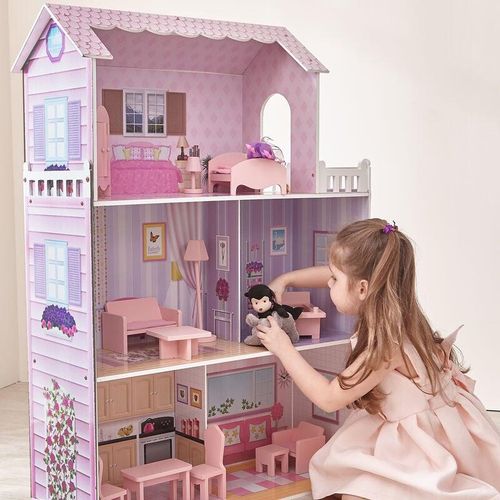 Olivia's Little World Dreamland Tiffany Großes Puppenhaus Aus Holz Rosa Puppen-Villa Spielzeughaus Spielset Drei Spielebenen Mit 13 Puppenmöbel Und