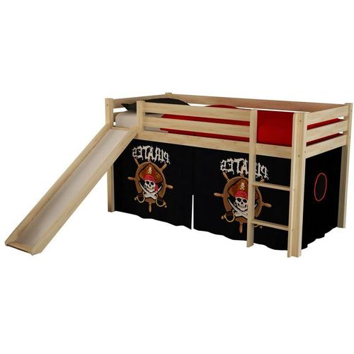 Hochbett Kinderzimmer incl. Rutsche PINOO-12 mit Textilset Pirates in Kiefer massiv natur lackiert, b/h/t: ca. 210/114/218 cm