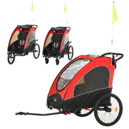 3 in 1 Kinderanhänger Jogger 2 kinder Fahrradanhänger Alu Rot+Schwarz