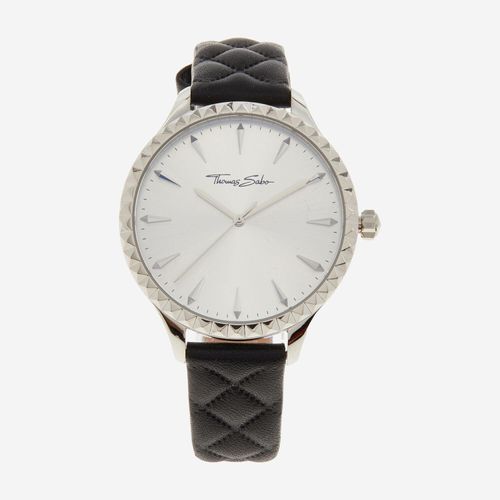 Silberfarbene Armbanduhr mit schwarzem Lederband