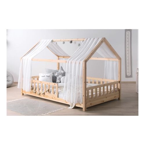 TiCAA TiCAA Kinderbett Hausbett mit Tüll Kim 90x200 cm, 100x200 cm, 120x200 cm, 140x200 für Jungen & Mädchen, inkl. Rolllattenrost, Rausfallschutz variabel, Montessori Bett Natur aus Kiefer Massivholz Image