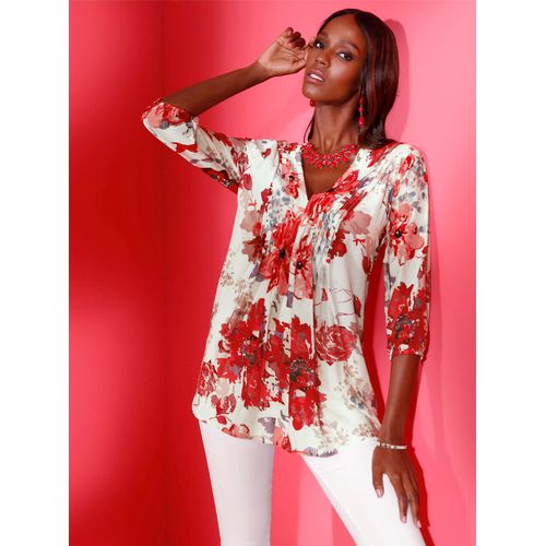 Seidenbluse CREATION L, Damen, Gr. 42, rot (weiß, erdbeere, bedruckt), 70% Viskose, 30% Seide, geblümt, gemustert, mehrfarbig, V-Ausschnitt, 3/4-Ärmel, Blusen