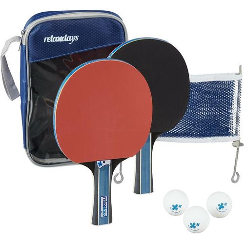 Tischtennis Set, Hülle mit Tischtennis-Netz, 2 Holzschläger, 3 Ping Pong Bälle, Mini Tischtennis, schwarz-rot - Relaxdays