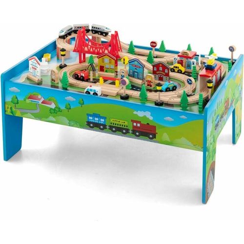 GOPLUS Spieltisch aus Holz mit 80-teiliges Eisenbahn-Set, Kinder Aktivitätstisch mit umkehrbarer Tischplatte & Eisenbahnschienen, Spielzeugtisch für