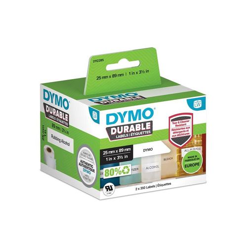 DYMO LabelWriter Hochleistungs-Etiketten | 25 mm x 89 mm | weißes Kunststoff-Etikett | 2 Rollen mit 350 Etiketten