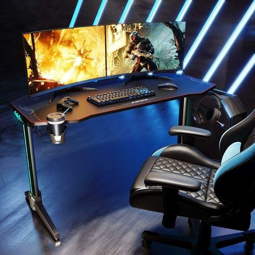 Gaming Tisch Led SONNI Gaming Schreibtisch Computertisch Schwarz mit Bechenhalter, Kopfhörerhalter und Mauspad 140x60x75cm