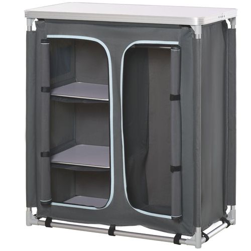 Campingschrank Küchenbox tragbar mit Arbeitsplatte Tragetasche 3 Ablagen 1 Schrank Grau 96 x 49,5 x