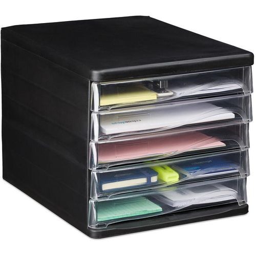Relaxdays Schubladenbox zur Dokumentenablage, 5 Schubfächer, für Bürobedarf, DIN A4, Brief, HBT 24,5x26,5x34 cm, schwarz