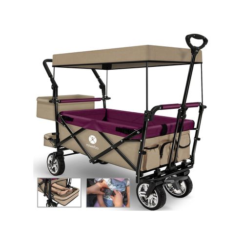 Miweba Bollerwagen MB-20 faltbar, Sonnendach, Schiebe- und Zugstange, Stauraumverlängerung, 360°-Räder (Beige/Bordeaux rot)