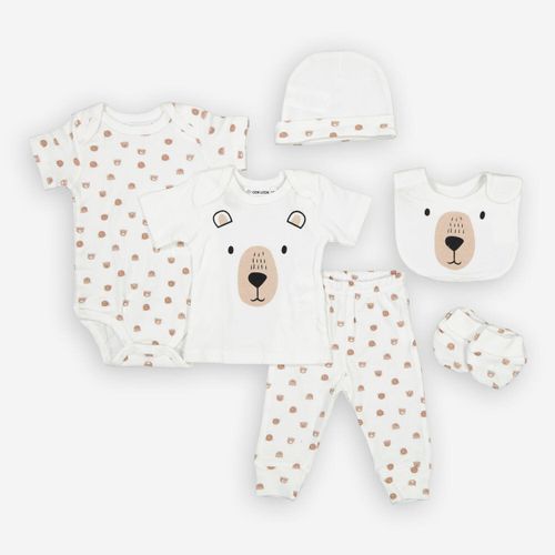 6-teiliges weißes Baby-Geschenkset mit Teddybärmuster
