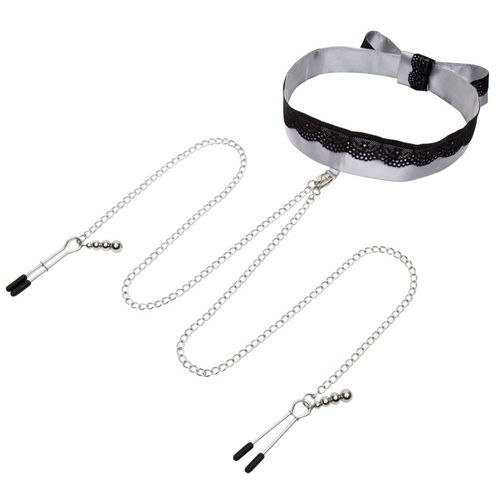 Halsband mit Nippelklemmen „Play Nice Satin Collar & Nipple Clamps“