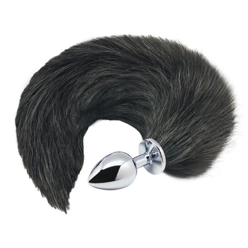Analplug „Black & White Fox Tail“ aus Metall mit Schweif am Stopper