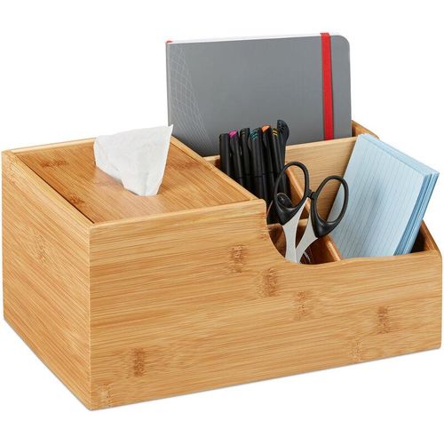 Relaxdays Büro Organizer, für Bürobedarf & Make-up, 4 Fächer mit Tücherbox, Bambus, H x B x T: 14 x 29 x 19,5 cm, natur