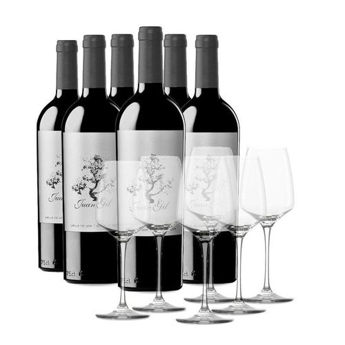 Etui 6 Flaschende Juan Gil Silver Label 12 meses + 6 Gläsern Weinflaschen mit Gläsern - Weinflaschen mit Gläsern