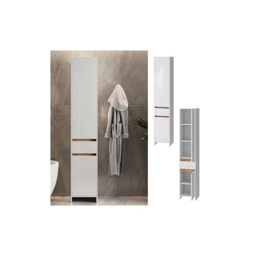 Vicco Badschrank Detmold Weiß Eiche 35 x 190 cm mit 2 Türen und eine Schublade