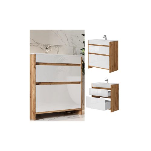 Vicco Waschbecken mit Unterschrank Detmold Eiche Weiß 80 cm