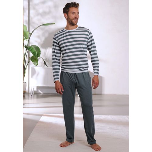 Pyjama H.I.S, Herren, Gr. 44/46 (S), grün (grün, creme), Jersey, Obermaterial: 60% Baumwolle, 40% Polyester, gestreift, Basic, Rundhals, Langarm abgesteppte Kante, Homewear-Sets, mit garngefärbten Streifen