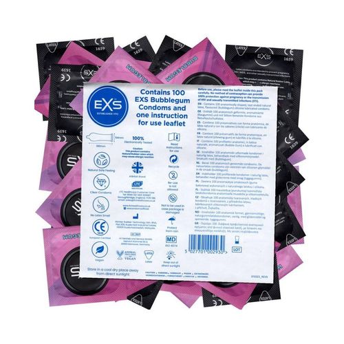 EXS Kondome Bubblegum Flavour - leckere Kondome Packung mit, 100 St., aromatisierte Kondome, Kondome mit Kaugummi-Geschmack, Kondomvorrat, Großpackung, weiß