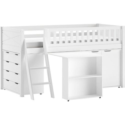 Spielbett VIPACK, weiß, B:134,7cm H:114cm L:206,7cm, Das Bett ist Kiefer massiv, Die Beimöbel MDF, Betten, mit viel Funktion auf kleinem Raum, LF 90x200 cm, Kiefer weiß lackiert