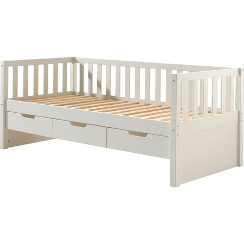 Einzelbett VIPACK, weiß, B:97,8cm H:85,5cm L:211,2cm, Betten, Sprossenumrandung, Liegefläche 90x200 cm, in Milky Pine oder Weiß
