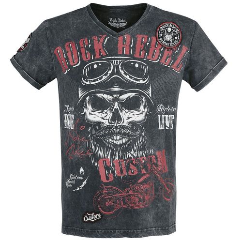 Rock Rebel by EMP Schwarzes T-Shirt mit V-Ausschnitt und Print T-Shirt schwarz in XXL