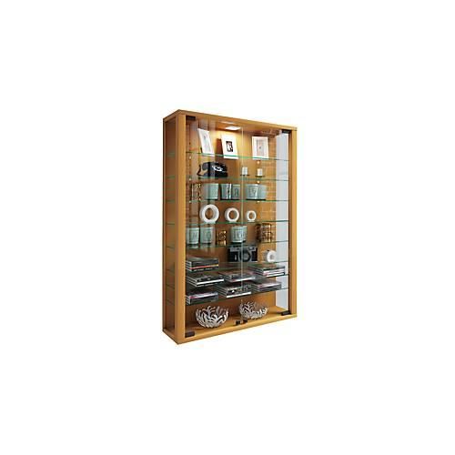 Wandvitrine Vitrosa Mini, ohne LED-Beleuchtung, 8 Einlegeböden, 2 Flügeltüren, B 590 x T 180 x H 910 mm, Glas & Holz, Buche-Dekor