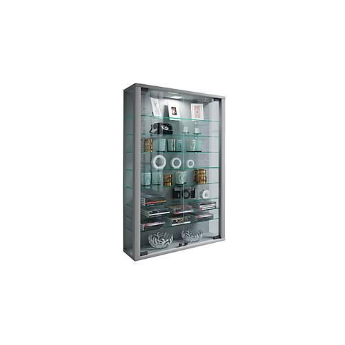 Wandvitrine Vitrosa Mini, ohne LED-Beleuchtung, 8 Einlegeböden, 2 Flügeltüren, B 590 x T 180 x H 910 mm, Glas & Holz, silber