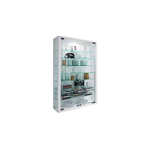 Wandvitrine Vitrosa Mini, ohne LED-Beleuchtung, 8 Einlegeböden, 2 Flügeltüren, B 590 x T 180 x H 910 mm, Glas & Holz, weiß