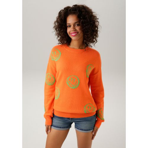 Strickpullover ANISTON CASUAL, Damen, Gr. 38, bunt (orange, apfelgrün), Feinstrick, Obermaterial: 100% Baumwolle, gemustert, modisch, figurumspielend hüftbedeckend, Rundhals, Langarm Rippstrickbündchen, Pullover, mit eingestrickten Smileys