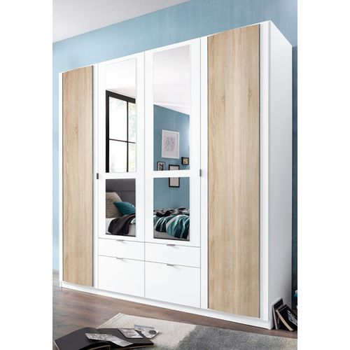 Kleiderschrank PRIESS, weiß (weiß, struktureichefarben hell), B:185cm H:193cm T:54cm, Holzwerkstoff, Schränke, Kleiderschrank Drehtürenschrank, mit gerundeten Elementen auf den Außentüren
