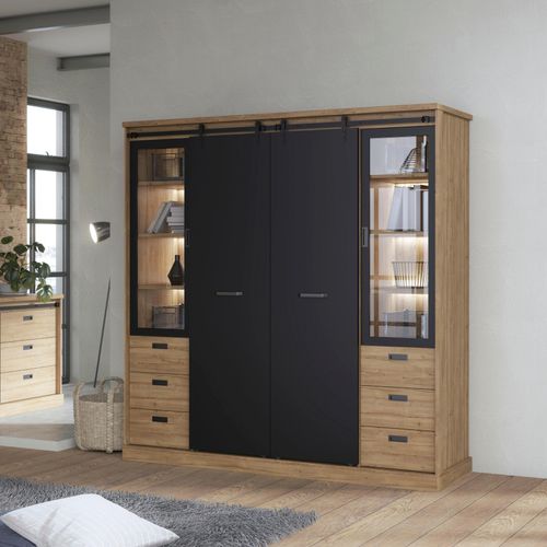 Kleiderschrank FORTE Schränke Gr. B/H/T: 203,2cm x 208,4cm x 61cm, 4 St., schwarz (waterford eiche, schwarz) mit Beleuchtung