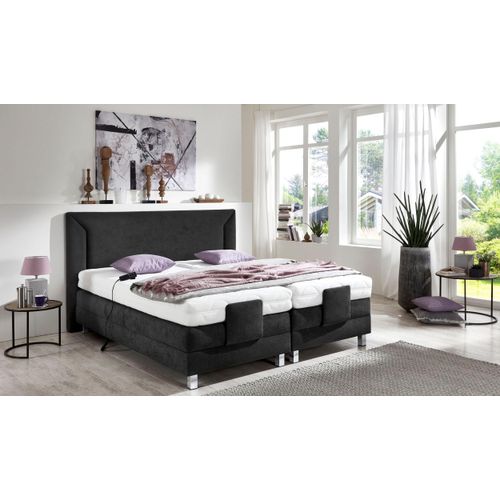 Boxbett, schwarz, B:214cm L:214cm, Bezug der Obermatratze: 100% Polyester, abnehmbar und waschbar bis 60u00b0C, Box und Kopfteil: Mikrovelours (100% Polyester), WESTFALIA SCHLAFKOMFORT, Komplettbetten, Boxspringbett, mit Motor