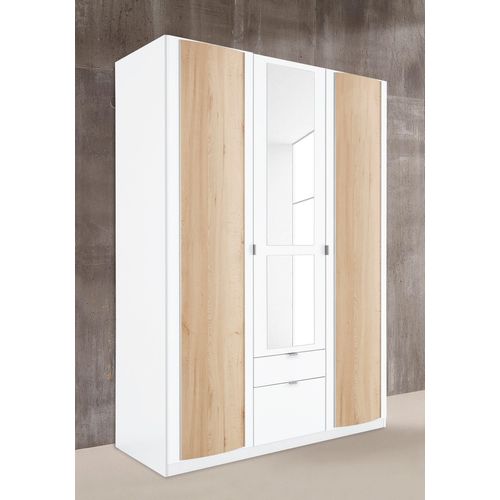 Kleiderschrank PRIESS, weiß (weiß, edelbuchefarben), B:140cm H:193cm T:54cm, Holzwerkstoff, Schränke, Drehtürenschrank Kleiderschrank, mit gerundeten Elementen auf den Außentüren