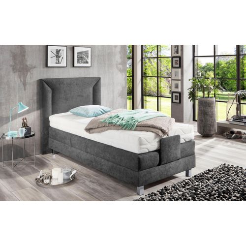 Boxbett, grau (anthrazit), B:114cm L:214cm, Bezug der Obermatratze: 100% Polyester, abnehmbar und waschbar bis 60u00b0C, Box und Kopfteil: Mikrovelours (100% Polyester), WESTFALIA SCHLAFKOMFORT, Komplettbetten, Boxspringbett, mit Motor