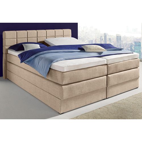 Boxspringbett HAPO, beige, Liegefläche B/L: 200cm x 200cm, kein Härtegrad, Bonnell-Federkernmatratze, Das Bett ist mit pflegeleichtem Feinstrukturstoff in Leinenoptik (100% Polyester) bezogen., Die Oberseite der Unterfederung und die Ober- und Unterseite der Obermatratze sind jeweils mit einem rutschhemmenden Stoff aus 70% Polyester und 30% Polypropylen bespannt., Komplettbetten, Boxspringbett, mi
