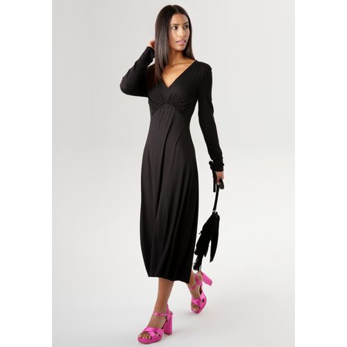 Midikleid ANISTON SELECTED, Damen, Gr. 44, N-Gr, schwarz, Single Jersey, Obermaterial: 95% Viskose, 5% Elasthan, unifarben, feminin, figurumspielend Midi, tiefer V-Ausschnitt, Langarm, Kleider, mit drapierter Unterbrustnaht