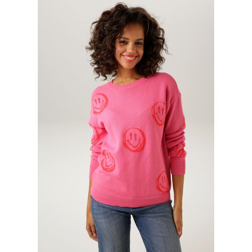 Strickpullover ANISTON CASUAL, Damen, Gr. 44, pink (pink, rot), Feinstrick, Obermaterial: 100% Baumwolle, gemustert, modisch, figurumspielend hüftbedeckend, Rundhals, Langarm Rippstrickbündchen, Pullover, mit eingestrickten Smileys