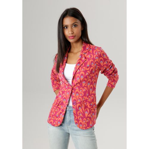 Kurzblazer ANISTON SELECTED, Damen, Gr. 40, bunt (fuchsia, orange, türkis), Jersey, Obermaterial: 68% Polyester, 27% Viskose, 5% Elasthan, Jacquardmuster, modisch, figurbetont hüftlang, Langarm, Blazer, mit fantasievollem Jacquard-Muster