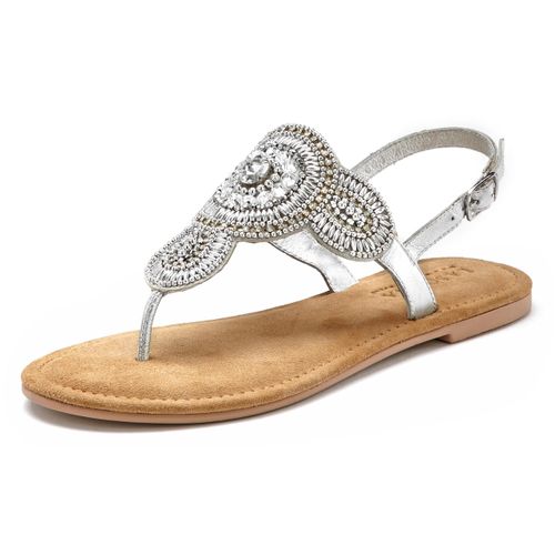 Zehentrenner LASCANA, Damen, Gr. 41, silber (silberfarben), Obermaterial: 80% Synthetik, 20% Schafsleder. Futter: 100% Schafsleder. Decksohle: 100% Ziegenleder. Laufsohle: 100% Synthetik, bestickt, feminin, Schuhe, Sandale, Pantolette in Glitzer-Optik und softer Lederinnensohle