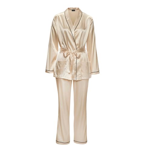 Pyjama BRUNO BANANI, Damen, Gr. 38, beige (creme), Obermaterial: 95% Polyester, 5% Elasthan, bequem, V-Ausschnitt, 3/4-Ärmel mit Paspel, Homewear-Sets, mit Kontrastpaspel-Details