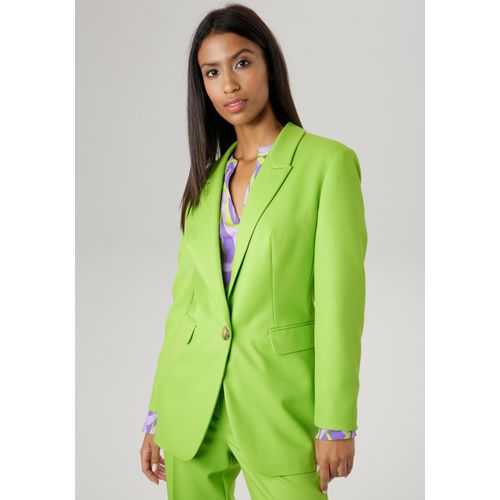 Longblazer ANISTON SELECTED, Damen, Gr. 36, grün (apfelgrün), Web, Obermaterial: 95% Polyester, 5% Elasthan. Futter: 100% Polyester, unifarben, modisch, figurumspielend Po-bedeckend, Kurzarm, Blazer, in trendy Farbpalette, Topseller