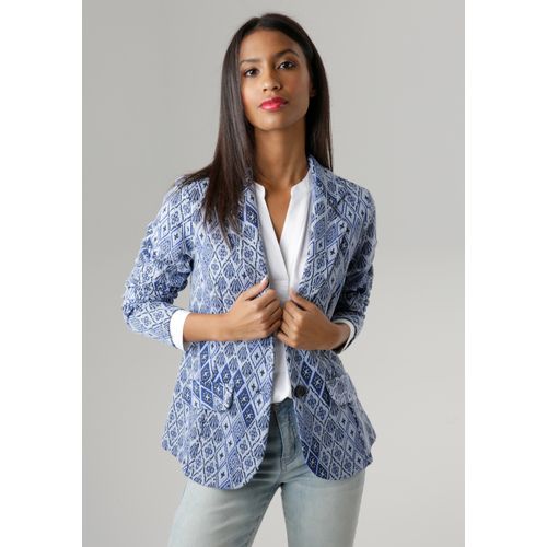 Kurzblazer ANISTON SELECTED, Damen, Gr. 38, blau (rauchblau, royalblau, dunkelblau), Jersey, Obermaterial: 73% Polyester, 25% Viskose, 2% Elasthan, Jacquardmuster, gemustert, Rautenmuster, Strukturmuster, modisch, figurbetont hüftlang, Langarm, Blazer, aus strukturiertem Jacquard