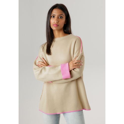 Strickpullover ANISTON SELECTED Gr. 38, beige (beige, rosa) Damen Pullover mit rosafarbenen Zierkanten