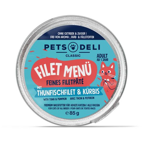 Katzenfutter nass - Thunfisch, Putenfilet - Kürbis und Basilikum - Adult - getreidefrei, zuckerfrei - 85g von Pets Deli