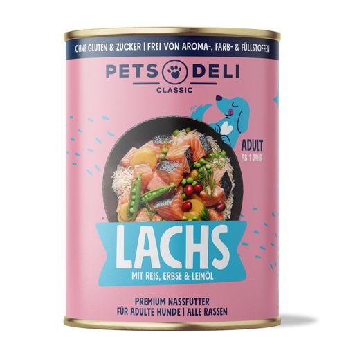 Nassfutter Lachs für Hunde - 750g / 6er Pack ✓ getreidefrei & zuckerfrei ✓ Adult von Pets Deli