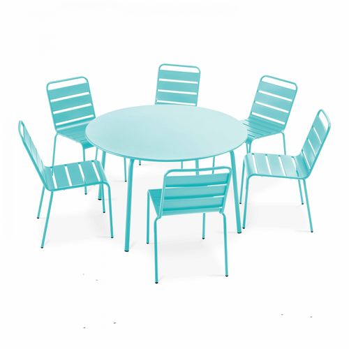 Oviala Runder Gartentisch und 6 Metallstühle Türkis 0x72x0cm